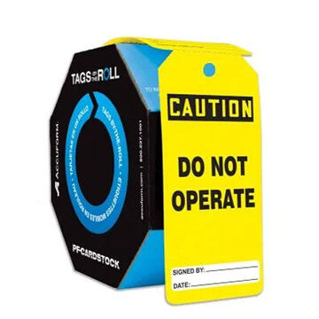 Safety Tag, 6-1/4 in ht, 3 in wd, Black/Yellow, 3/8 in Dia, Polyolefin