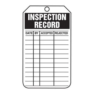 Inspection Status Safety Tag, 5-3/4 in ht, 3-1/4 in wd, Black/White, 3/8 in Dia, Polyolefin