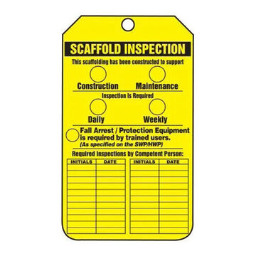 Scaffold Status Safety Tag, 5-3/4 in ht, 3-1/4 in wd, Yellow/Black, 3/8 in Dia, Polyolefin