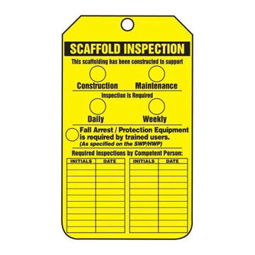 Étiquette de sécurité d'état d'échafaudage, 5-3/4 pouce ht, 3-1/4 pouce wd, jaune/noir, 3/8 pouce Dia, polyoléfine