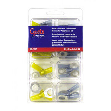 Assorted Terminals and Connector Heat Shrink Kit, 34-Piece, Polyolefin, Yellow/Red/Blue