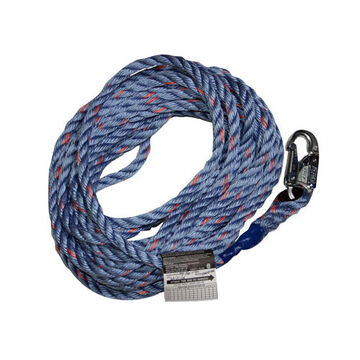 Ligne de vie verticale à corde, capacité de 310 lb, 100 pied lg, bleu/gris, polyester, polypropylène, acier