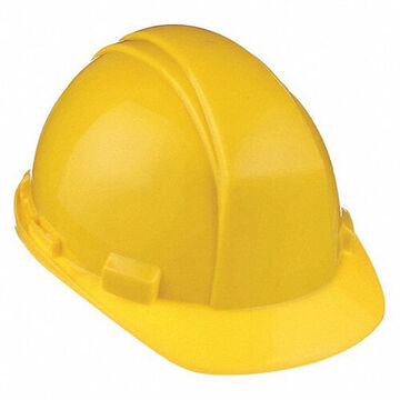 Casque de protection de la tête à bord avant, jaune, PEHD, nylon à cliquet à 4 pouceints, classe E