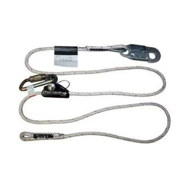 Adjustable Rope Positioning Lanyard, 400 lb Capacity, 8 ft lg, 1-Leg, White, Snap Hook