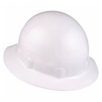 Hard Hat Full Brim Head Protection, White, Thermoplastic, 8 Point Ratchet Nylon, Class E