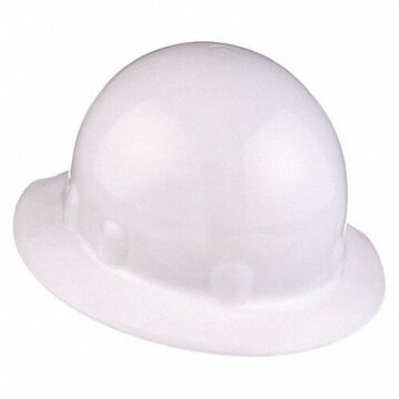 Full Brim Head Protection Hard Hat, Fits Hat 6-1/2 to 8 in, White, Thermoplastic, 8 Point Ratchet Nylon, Class E