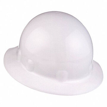 Hard Hat Full Brim Head Protection, Fits Hat 6-1/2 To 8 In, White, Thermoplastic, 8 Point Ratchet Nylon, Class E