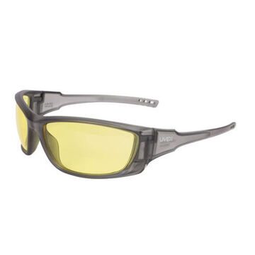 Safety Glasses, Universal, Hard Coated, Anti-Scratch, Amber/Yellow, Full Frame, Wraparound, Solid Gray