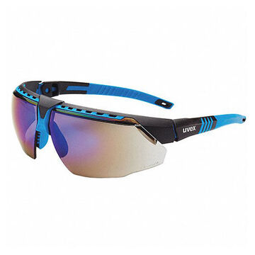 Safety Glasses, Medium, Anti-Scratch, Blue Mirror, Half-Frame, Wraparound, Blue
