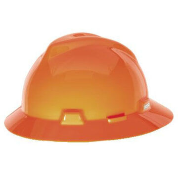 Casque rigide de type I non ventilé à bord complet, convient aux chapeaux de 6-1/2 à 8 pouce, orange haute visibilité, HDPE, cliquet à 4 pouceints, classe E