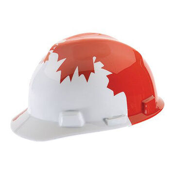 Hard Hat Full Brim Head Protection Non Vented Type I, Fits Hat 6-1/2 To 8 In, White/red, Hdpe, 4 Point Ratchet, Class E