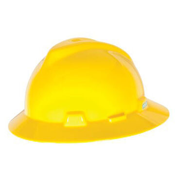 Casque rigide de type I non ventilé à bord complet, convient aux chapeaux de 6-1/2 à 8 pouce, jaune, HDPE, cliquet à 4 pouceints, classe E