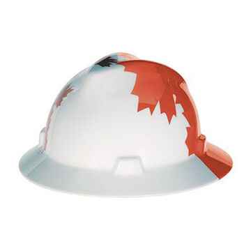 Hard Hat Full Brim Head Protection Non Vented Type I Fits Hat 6-1/2 To 8 In, White/red, Hdpe, 4 Point Ratchet, Class E