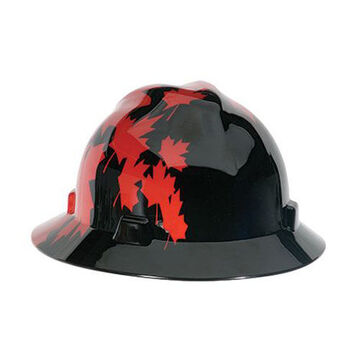 Full Brim Head Protection Non Vented Type I Hard Hat, Fits Hat 6-1/2 to 8 in, Black/Red, HDPE, 4 Point Ratchet, Class E
