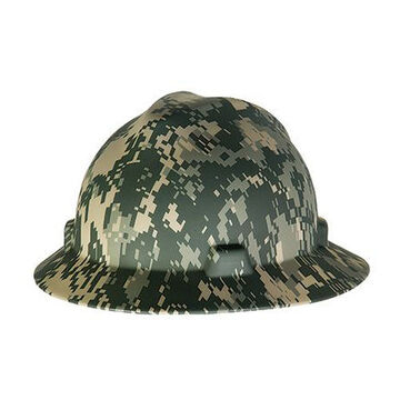 Full Brim Head Protection Non Vented Type I Hard Hat, Fits Hat 6-1/2 to 8 in, Camouflage, HDPE, 4 Point Ratchet, Class E