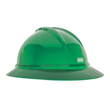 Full Brim Non Vented Type I Hard Hat, Fits Hat 6-1/2 to 8 in, Green, HDPE, 4 Point Ratchet, Class E