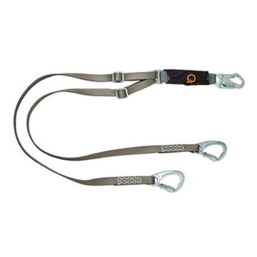 Shock Absorbing Lanyard, 4.88 in lg, 2-Leg, Gray, Tie-Back