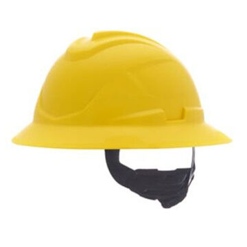 Casque rigide de type I non ventilé à bord complet, convient aux chapeaux de 6-1/2 à 8 pouce, jaune, HDPE, cliquet à 4 pouceints, classe E