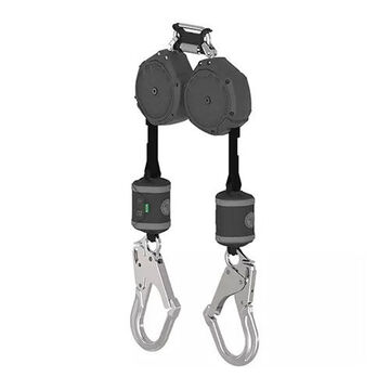 Personal Self-retracting Web Lanyard, 310 lb Capacity, 8 ft lg, 2-Leg, Gray, Snap Hook