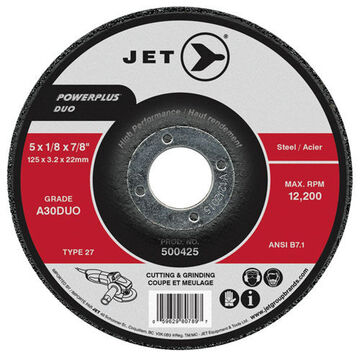 Combo High Performance Cut-off Wheel, 5 in Dia, 1/8 in, 7/8 in Shank, 30 Grit, Aluminum Oxide