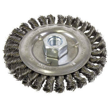 Standard Face Knot Wire Threaded Wheel Brush, 5 in Dia, 1/2 in wd, 5/8 in-11 NC Shank, 0.022 in Dia, Full Cable Twist Knot Wire