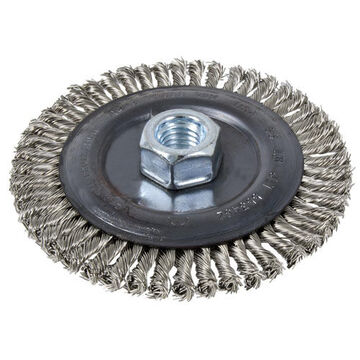 Stringer Bead Wheel Brush, 4 in Dia, 1/4 in wd, 5/8 in-11 NC Shank, 0.022 in Dia, Knot-Twisted Wire