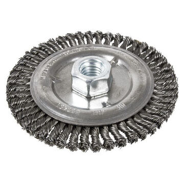 Stringer Bead Wheel Brush, 5 in Dia, 1/4 in wd, 5/8 in-11 NC Shank, 0.022 in Dia, Knot-Twisted Wire