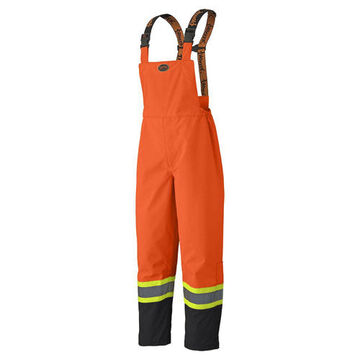 Waterproof Safety Bib Pant, Large, Orange, 300 Denier Durable Trilobal Ripstop Polyester, 36-38 in Waist, 32 in lg
