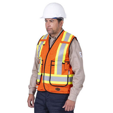 Flame-resistant Surveyor Safety Vest, Large, Hi-Viz Orange, 88% Cotton, 12% High Tenacity Nylon, Class 2