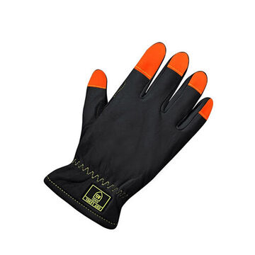 Driver Gloves, Large, Goatskin Grain Leather Palm, Black, Orange, Left and Right Hand, Kevlar Stitched