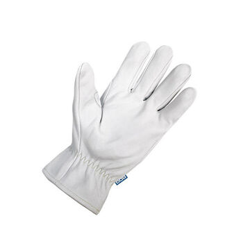 Driver Gloves, Goatskin Grain Leather Palm, White, Reinforced Thumb Saddle, Tpr Back Hand