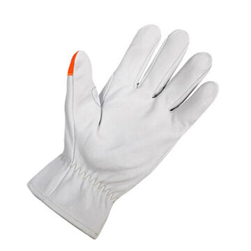 Gloves, Grain Goatskin Palm, White/orange, Reinforced Thumb Saddle