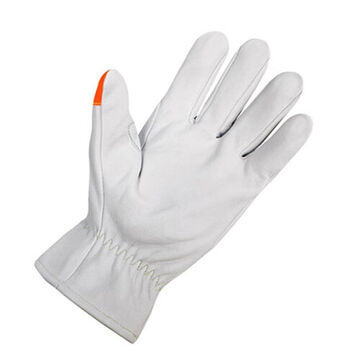 Gloves, Grain Goatskin Palm, White/orange, Reinforced Thumb Saddle
