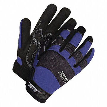 Gants de mécanicien à doigts complets, paume en cuir synthétique, noir/bleu, dos de la main en spandex, noyau en néoprène