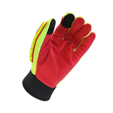 Gants de mécanicien de performance, paume en microfibre, rouge/jaune, coupé et cousu, dos de la main en spandex