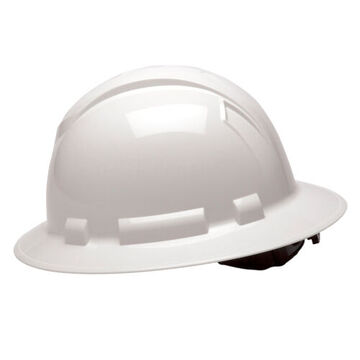 Full Brim Hard Hat, 6-1/2 to 8 in Hat, White, ABS, Ratchet 4-Point Suspension, Class C, E, G