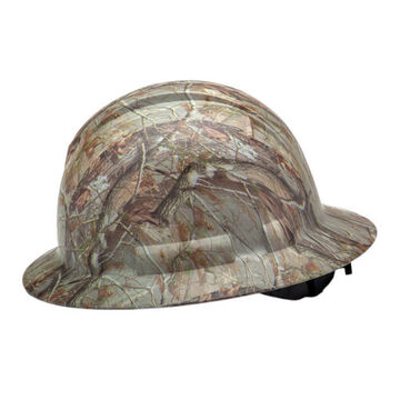 Full Brim Hard Hat, 6-1/2 to 8 in Hat, Matte Camo, ABS, Ratchet 4-Point Suspension, Class C, E, G