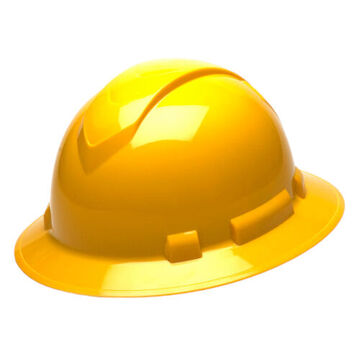 Full Brim Hard Hat, 6-1/2 to 8 in Hat, Yellow, ABS, Ratchet 4-Point Suspension, Class C, E, G