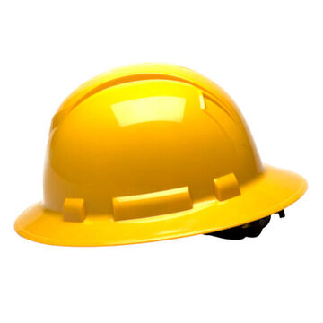Full Brim Hard Hat, 6-1/2 to 8 in Hat, Yellow, ABS, Ratchet 4-Point Suspension, Class C, E, G