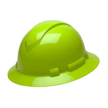 Full Brim Hard Hat, 6-1/2 to 8 in Hat, High Visibility Lime, ABS, Ratchet 4-Point Suspension, Class C, E, G