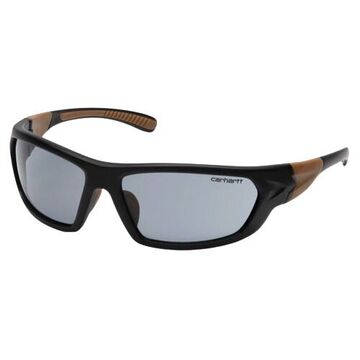 Safety Glasses, 137 mm wd, 135 mm lg, 2 mm thk, Medium, Anti-Scratch, Gray, Black/Tan