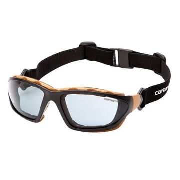 Safety Glasses, 135 mm wd, 130 mm lg, 2 mm thk, Anti-Fog, Gray, Indirect Vented Frame, Black/Tan