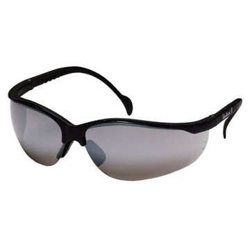 Safety Glasses, 142 mm wd, 150 to 163 mm lg, 2.2 mm thk, Anti-Scratch, Silver Mirror, Half Frame, Black