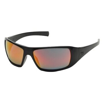 Safety Glasses, 131 mm wd, 163.5 mm lg, 2.3 mm thk, Medium, Anti-Scratch, Ice Orange Mirror, Full Frame, Black