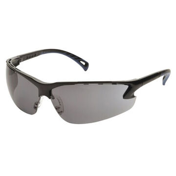 Safety Glasses, 139.4 mm wd, 150 to 163 mm lg, 2.3 mm thk, Medium, Anti-Scratch, Gray, Vented Frame, Black