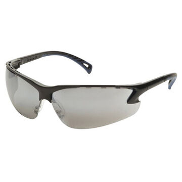 Safety Glasses, 139.4 mm wd, 150 to 163 mm lg, 2.3 mm thk, Medium, Anti-Scratch, Silver Mirror, Vented Frame, Black