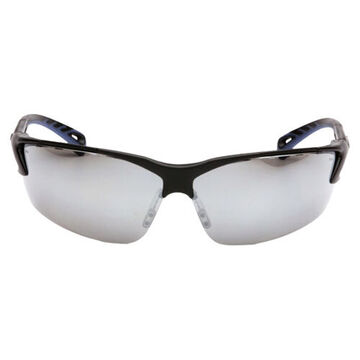 Safety Glasses, 139.4 mm wd, 150 to 163 mm lg, 2.3 mm thk, Medium, Anti-Scratch, Silver Mirror, Vented Frame, Black