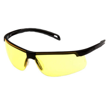 Safety Glasses, 134.3 mm wd, 163.5 mm lg, 1.8 mm thk, Amber, Half Frame, Black