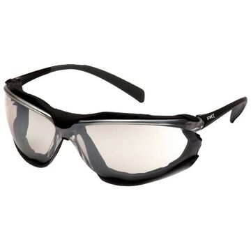 Safety Glasses, 135 mm wd, 161 mm lg, 1.6 mm thk, Anti-Fog, I/O Mirror, Foam Lined Frame, Black