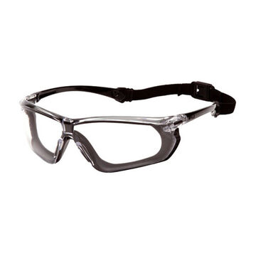 Adjustable Safety Glasses, 130.5 mm wd, 170 mm lg, 2 mm thk, Anti-Fog, Clear, Vented Frame, Black-Gray